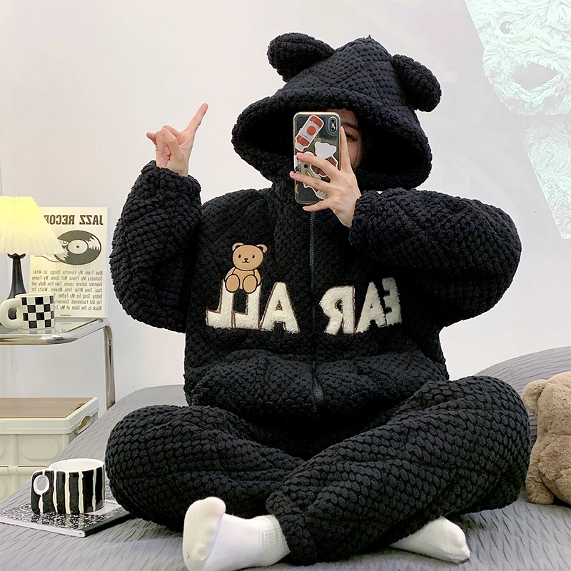 淘挚爱三层夹棉冬季加绒珊瑚绒长袖加厚连帽睡衣女士家居服132