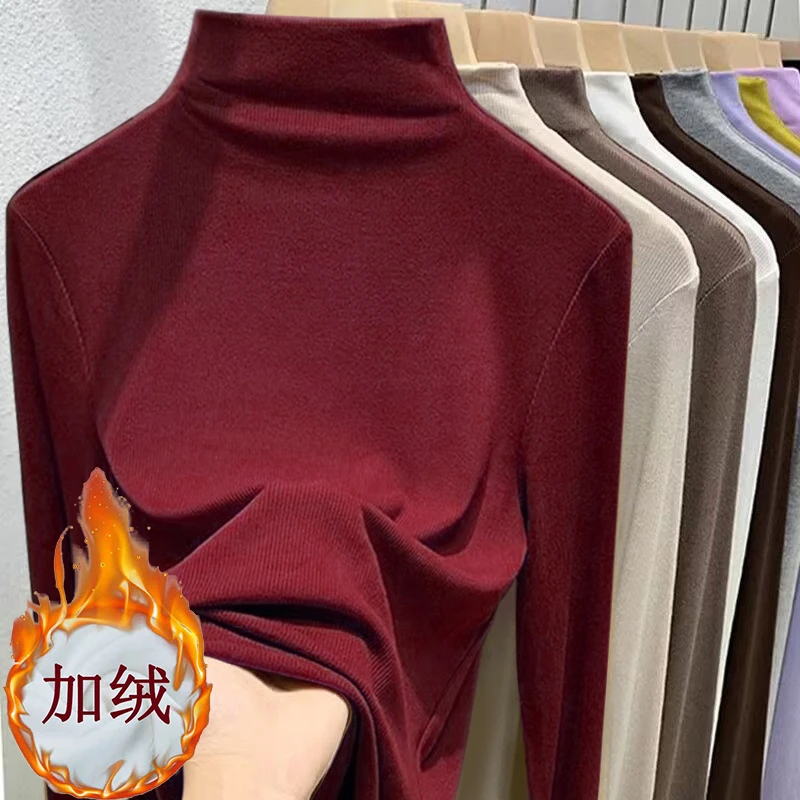 加绒莫代尔半高领打底衫女秋冬季修身内搭长袖t恤女安可拉红保暖