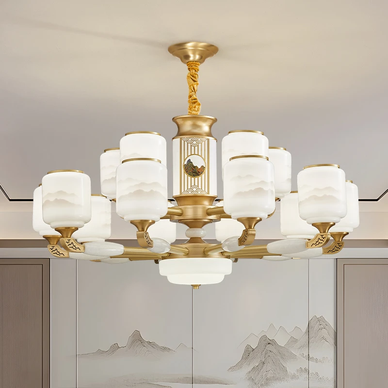 新中式铜加玉石吊灯中山灯具家用大气客厅吊灯高档餐厅酒店别墅灯