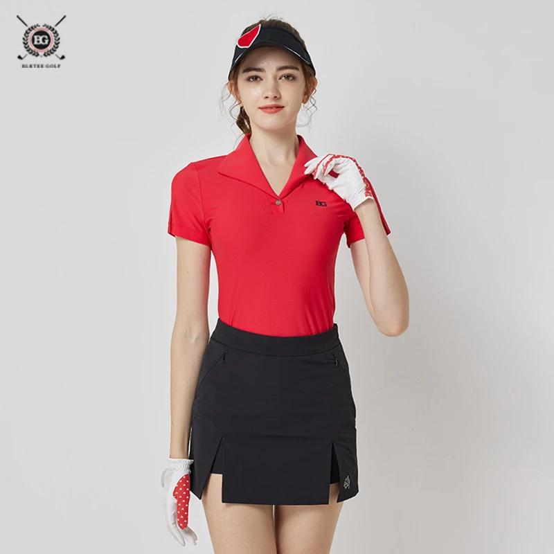 高尔夫服装女红色翻领短袖T恤修身透气舒适高端百搭户外运动上衣