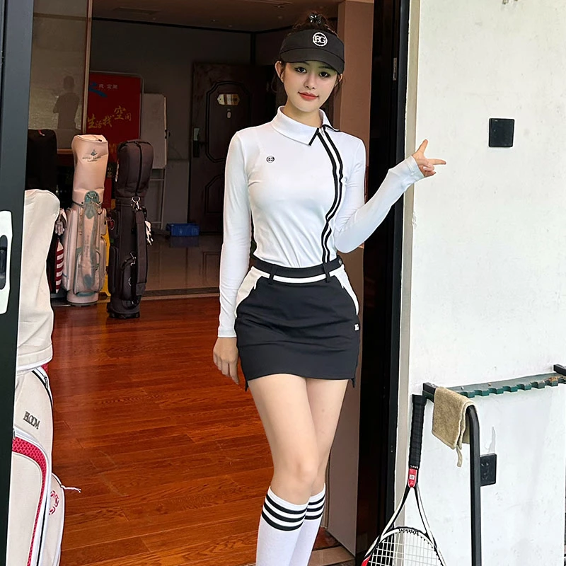 侧拉链翻领长袖春秋上衣高尔夫羽毛球跑步网球户外运动修身衣服