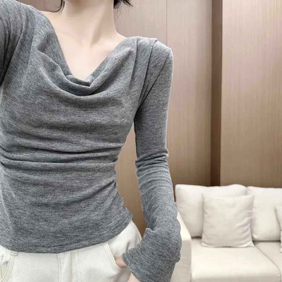 多种穿法荡领加绒加厚上衣纯欲显瘦长袖T恤小众漏肩加绒打底180