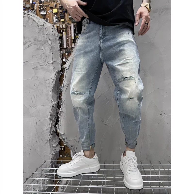 春夏百搭牛仔裤男薄款潮流宽松破洞九分裤时尚韩版直筒修身小脚裤