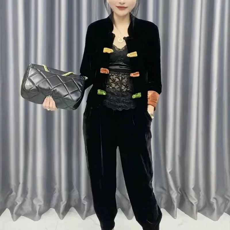 【尚引】时尚两件套秋季新款撞色复古盘扣丝绒外套+小脚裤8815网红