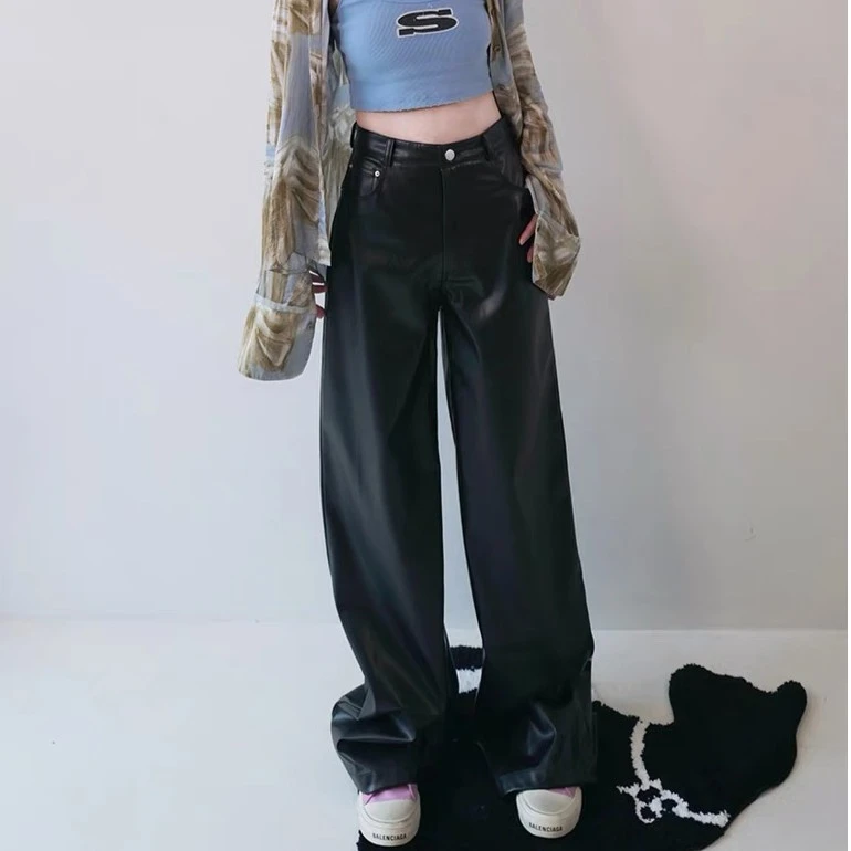 175高个子加长高腰直筒显瘦黑色PU皮裤秋女宽松百搭阔腿休闲长裤