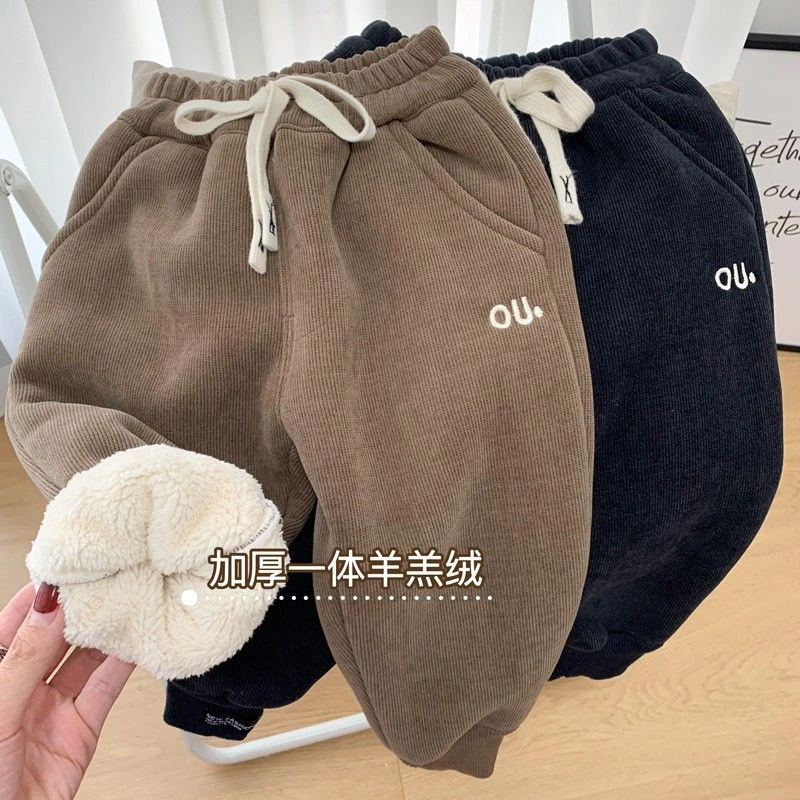 男女童加绒加厚裤子冬季儿童宝宝保暖一体羊羔绒小童弹力运动休闲