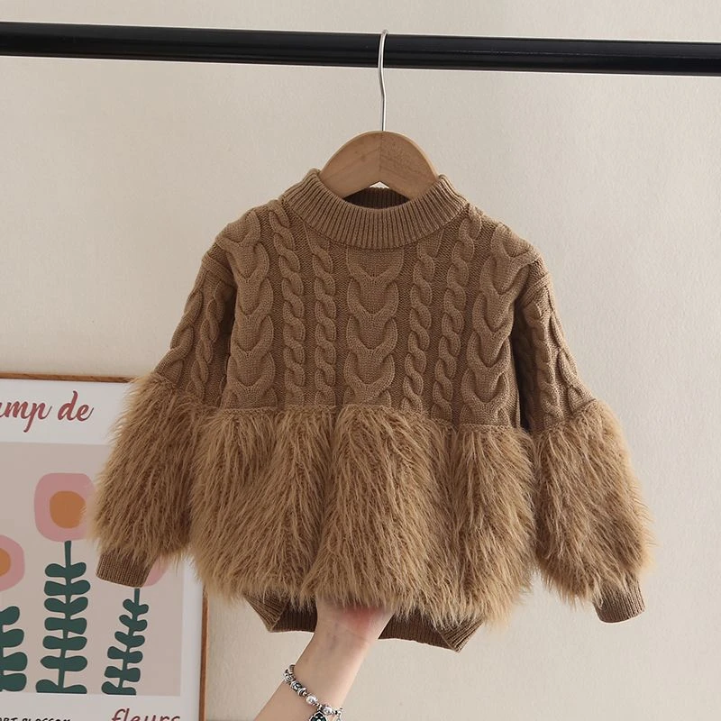 女童毛衣秋冬款2024新款洋气套头针织衫女孩加绒小童冬装打底衫