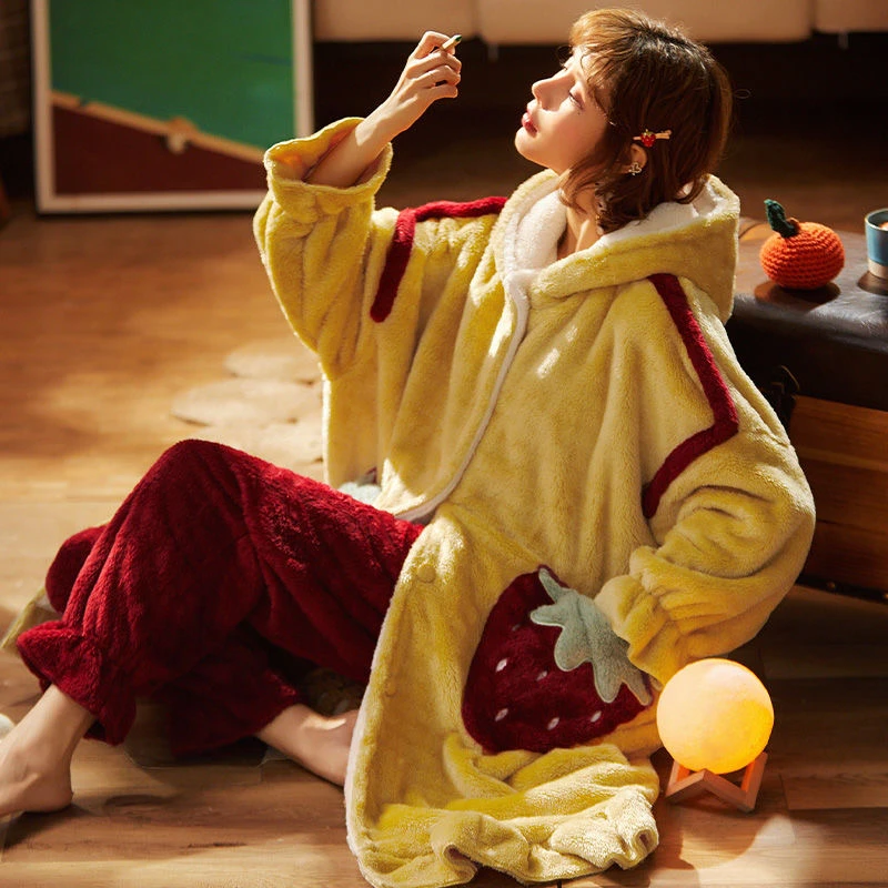 口袋爱心加绒睡衣女秋冬加厚保暖长款睡袍家居服套装