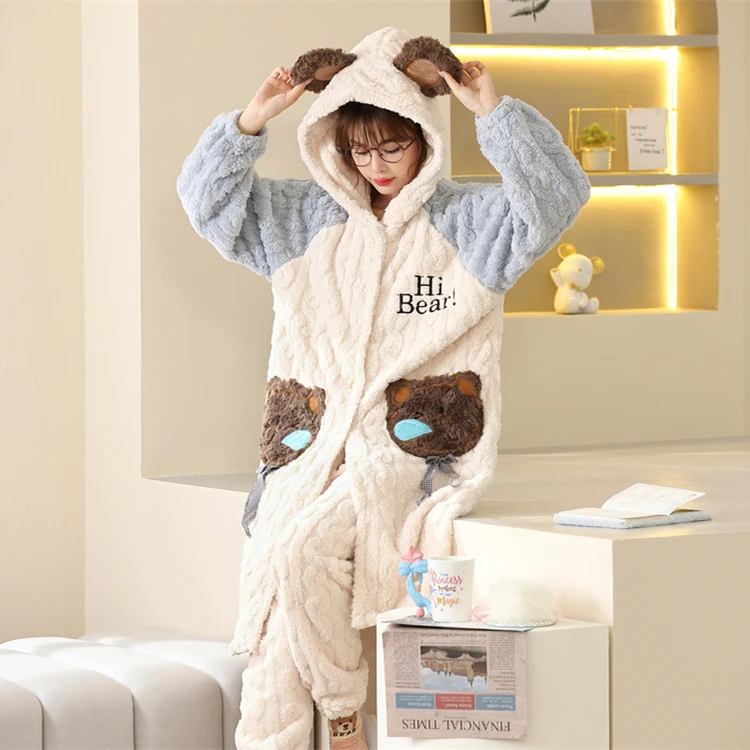 卡通提花绒睡衣女春秋保暖长款睡袍单层双面绒家居服套装可外穿