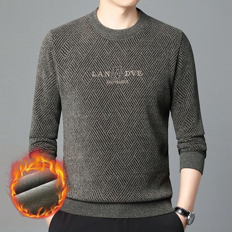 【专柜正品】秋冬男士新款加绒加厚圆领打底针织毛衣保暖冬季刺绣