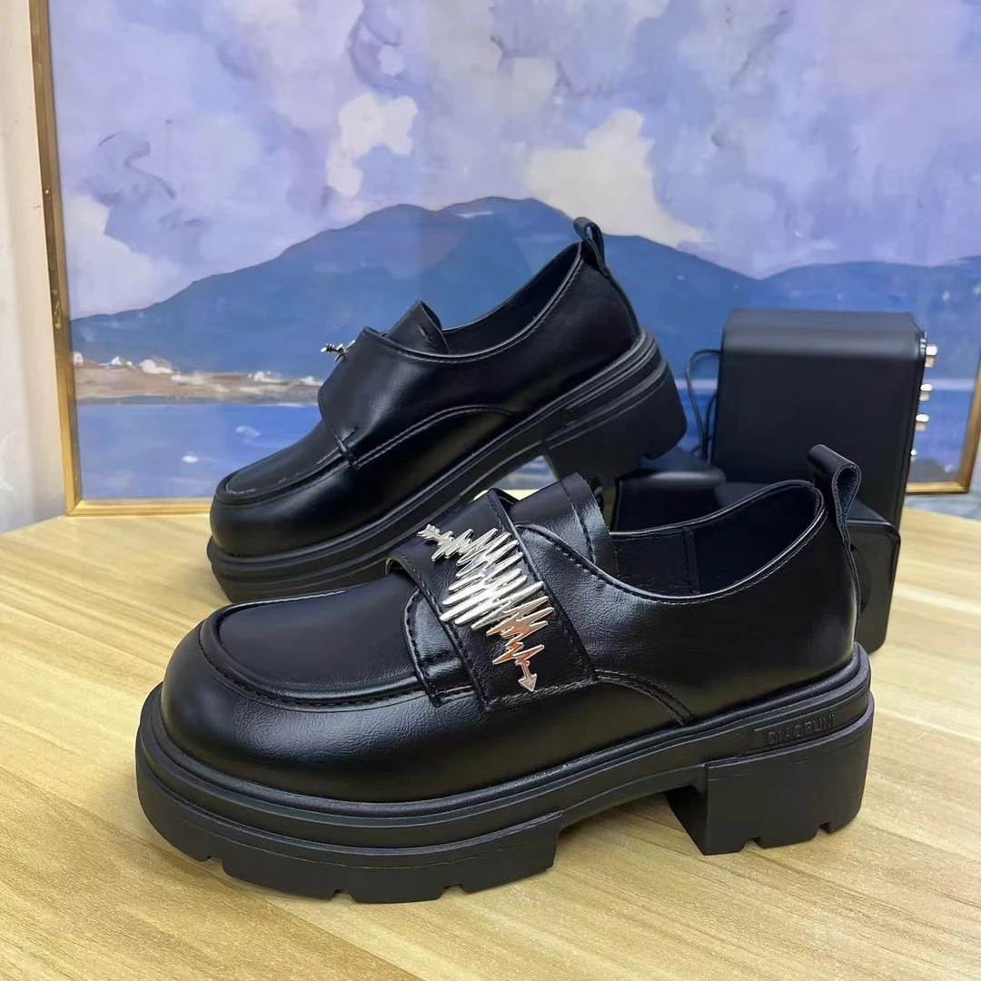 厚底乐福鞋女2024新款英伦风圆头时尚单鞋一脚蹬小皮鞋 3227