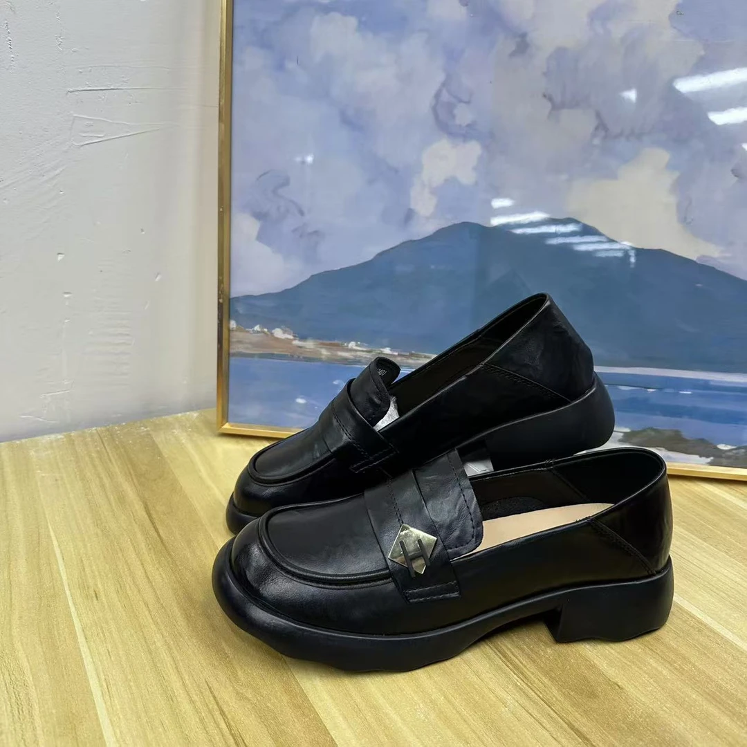 厚底乐福鞋女2024新款英伦风圆头时尚单鞋一脚蹬小皮鞋 8005