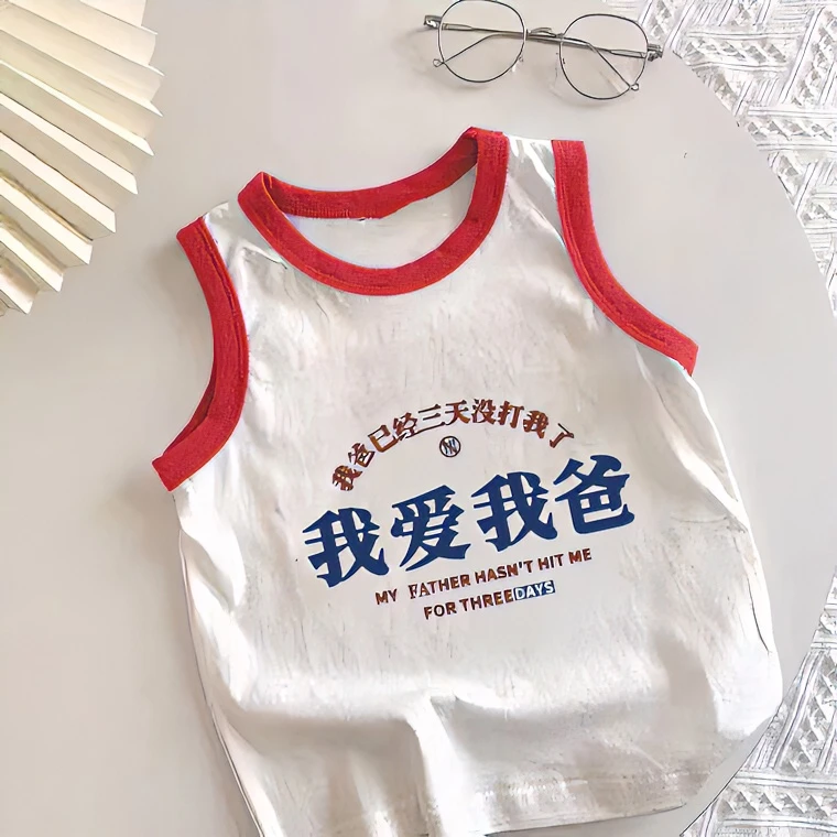 我爱我爸搞笑趣味文字男女童宝宝儿童纯棉背心无袖T恤夏装薄款