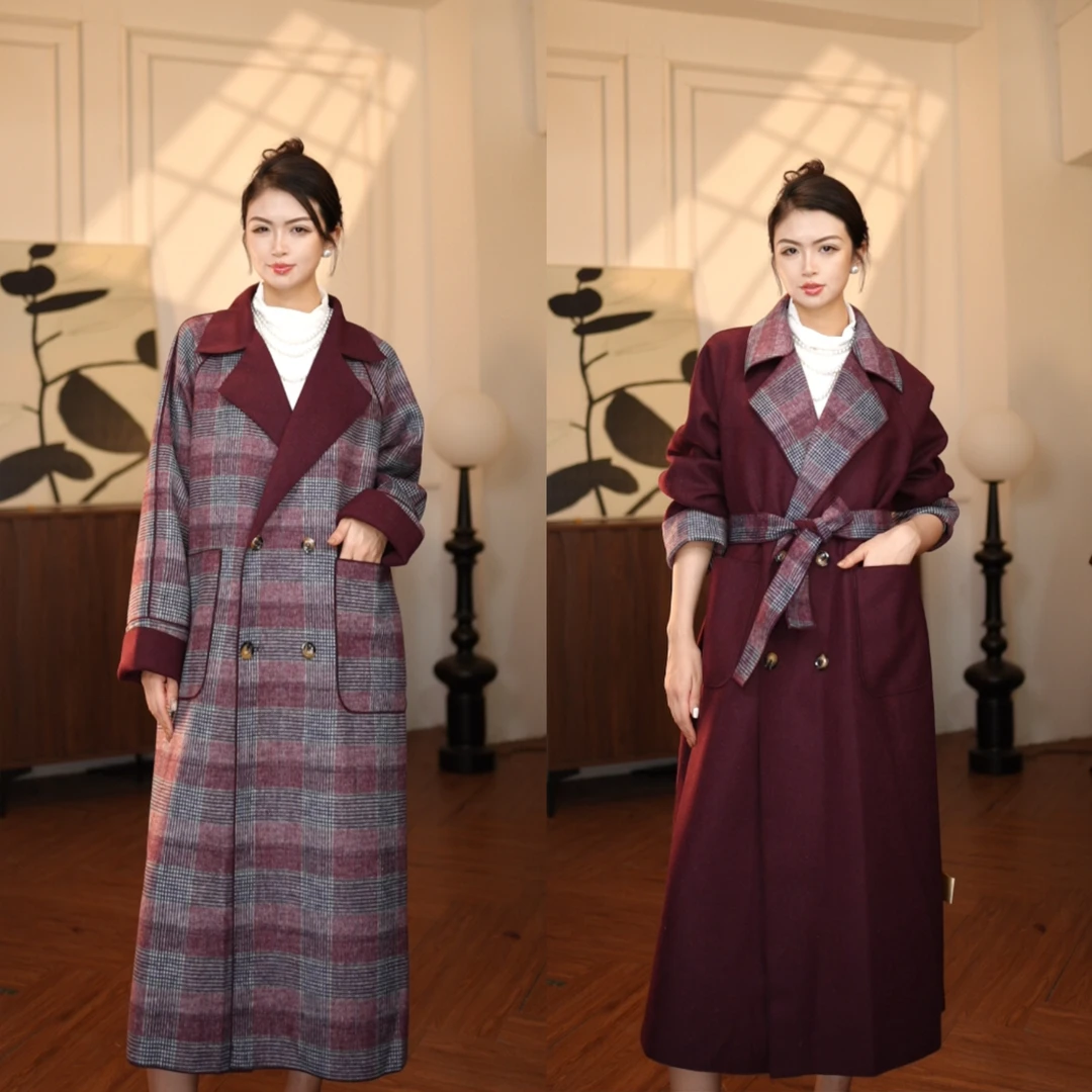 知白-葡萄酒庄双面双穿大衣轻奢秋冬中长款女