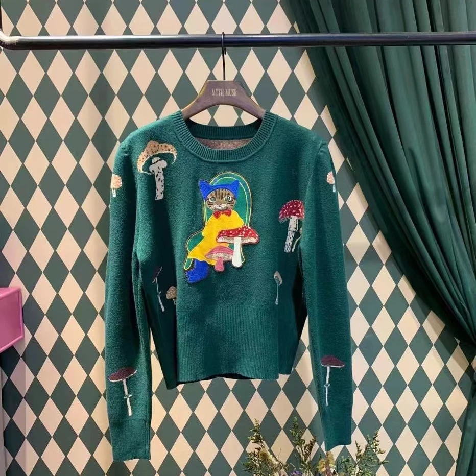 【柏卉服饰】趣味蘑菇绿色猫咪绣花毛衣