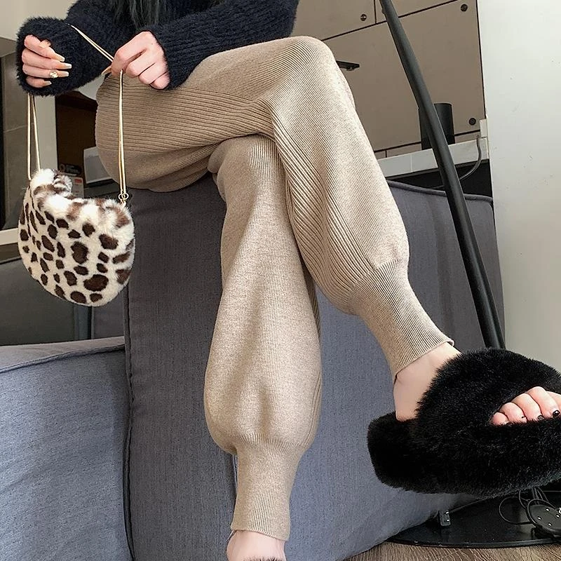 加厚软糯针织哈伦裤女秋冬小个子高腰宽松休闲九分束脚