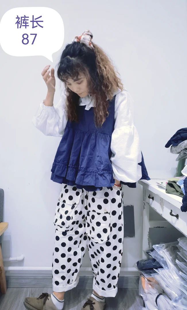 韩系大口袋水洗棉松紧腰波点休闲裤