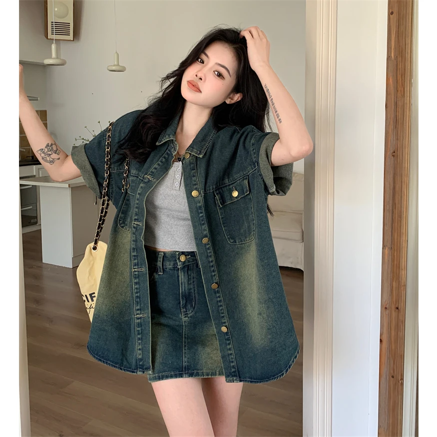 套装女2024新款洋气复古港风短袖牛仔套装设计感小众短裙两件套