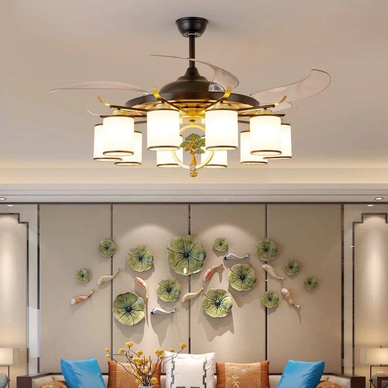 新中式风扇灯隐形客厅餐厅吊扇灯大气古典中国风电风扇吊灯变频