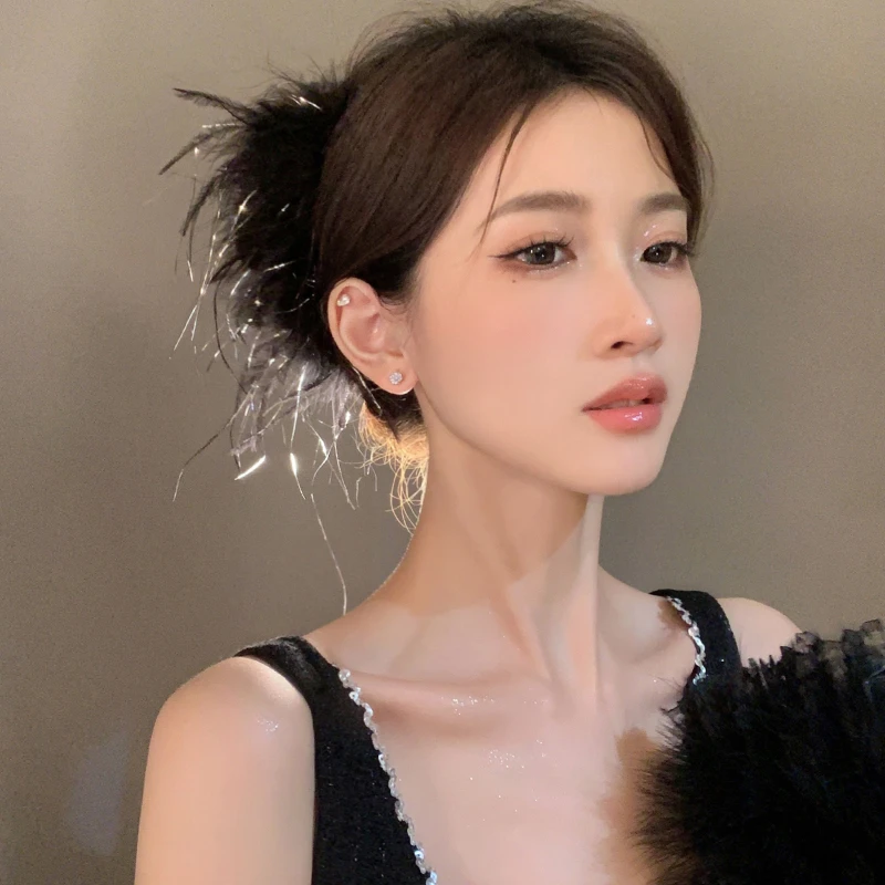 满分纯欲~羽毛抓夹ins风鸵鸟毛亮片发夹女后脑勺发饰高级感发卡夹