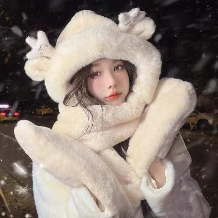 龙宝帽子秋冬女围巾手套一体连帽冬季围脖可爱保暖毛绒冬天三件套