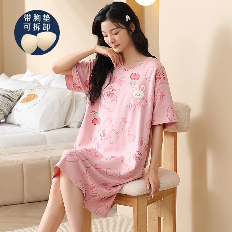 夏季新款带胸垫睡裙防走光中长款纯棉宽松透气大码卡通学生睡裙