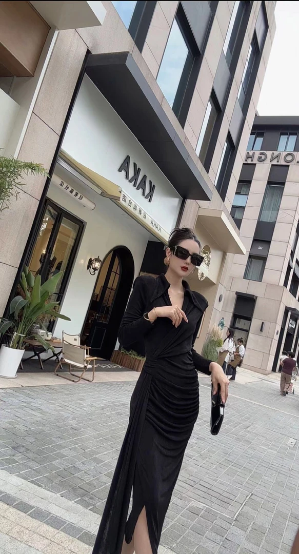 飘带设计感交叉v领连衣裙御姐气质长裙