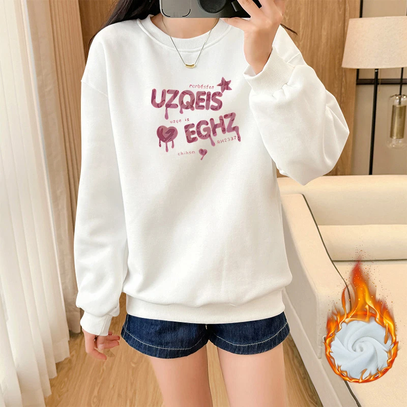 ZABJ联名款宽松圆领保暖卫衣女外套秋冬新款加绒加厚大版上衣