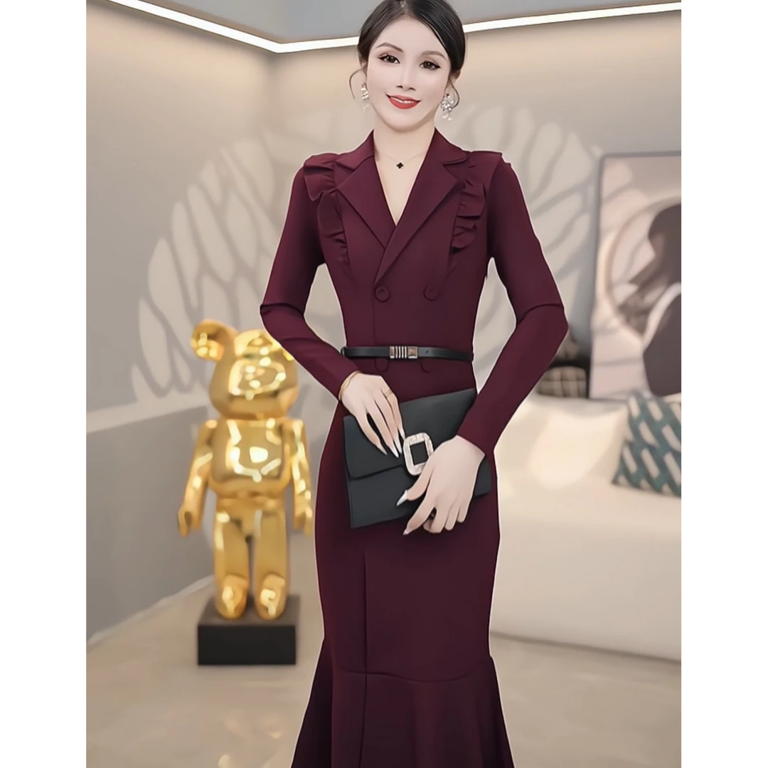 【可】名媛气质晚宴礼服女2024法式优雅时尚长袖高端鱼尾连衣裙1079