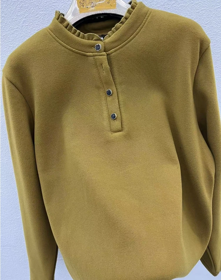 1210 女士纯色木耳边加绒小衫 LL