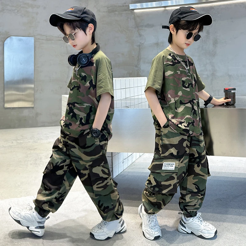 男童迷彩服套装夏款中大童儿童夏季短袖军绿色衣服6-12岁潮流童装