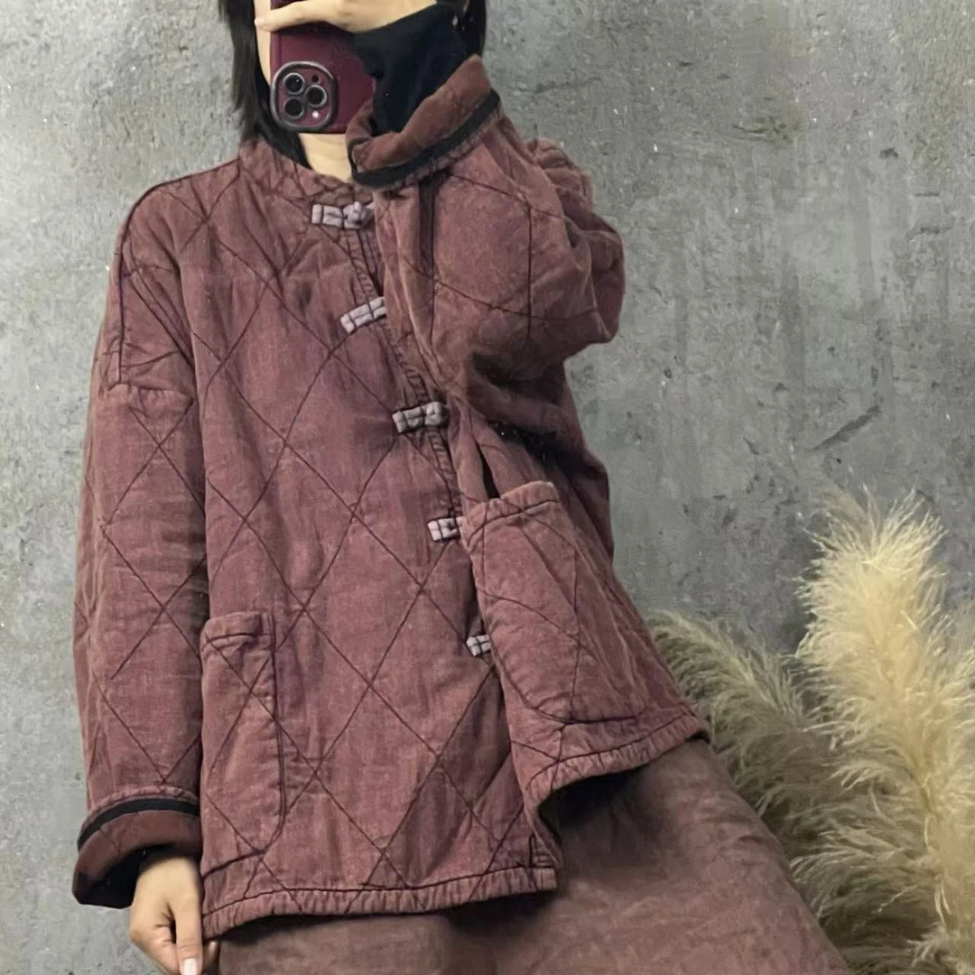 HH 11773 高品质纯亚麻包边炒色盘扣棉衣（衣长65胸围140）