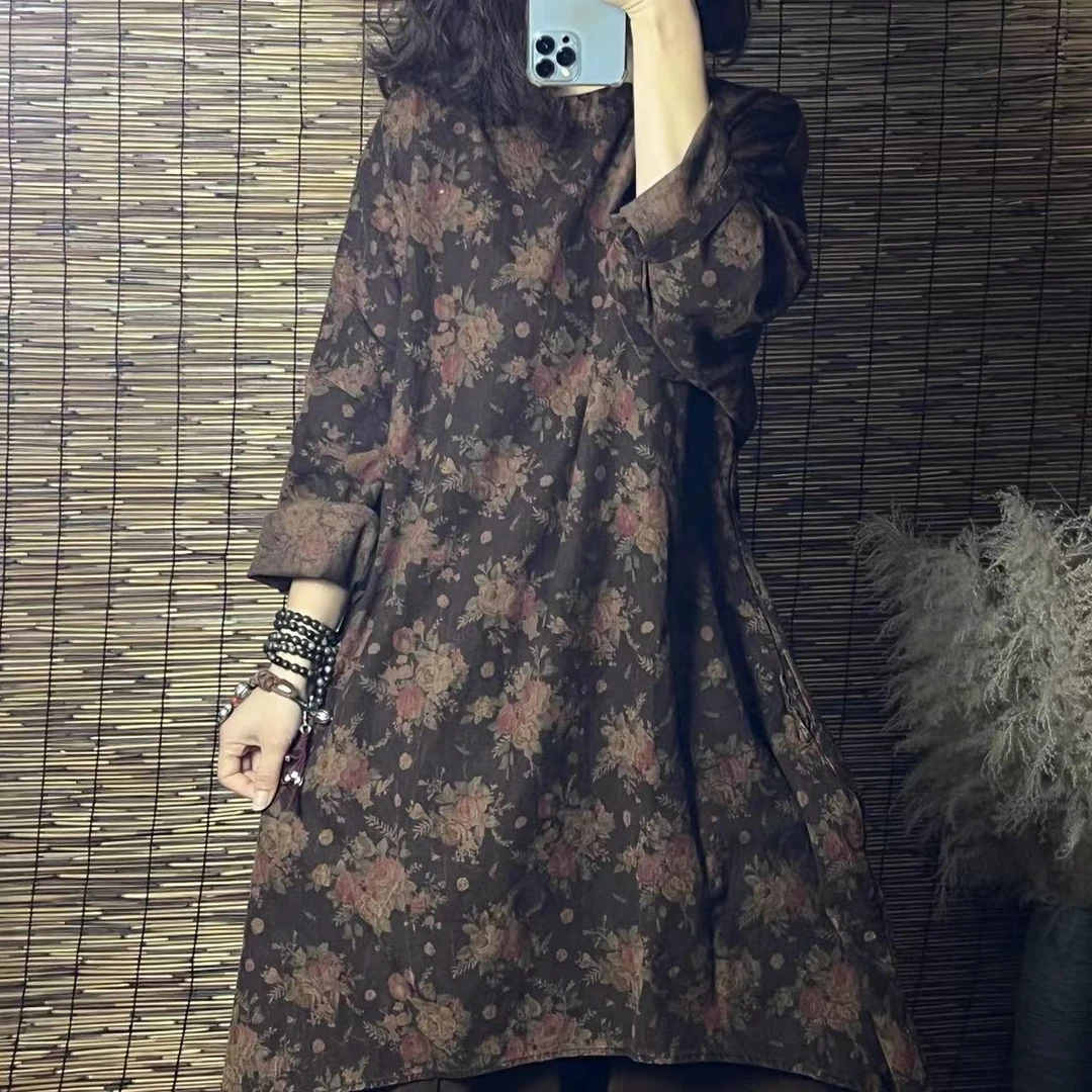 SX 8068 下摆圆弧形复古文艺麻杨柳皱花长袍（衣长90胸围136）