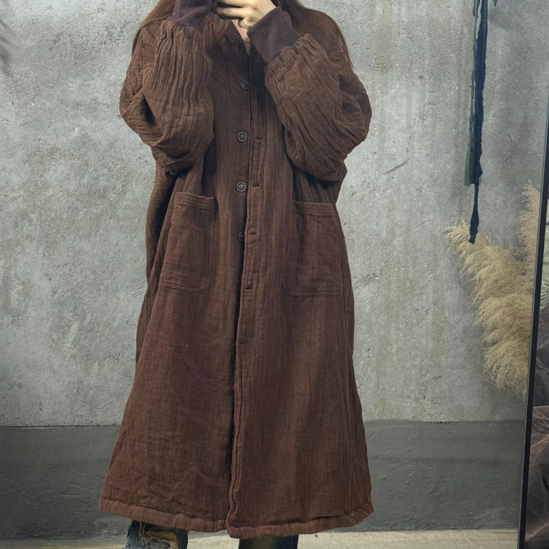 BZY 长款肌理麻加厚双层立领棉服外套（衣长110胸围140）