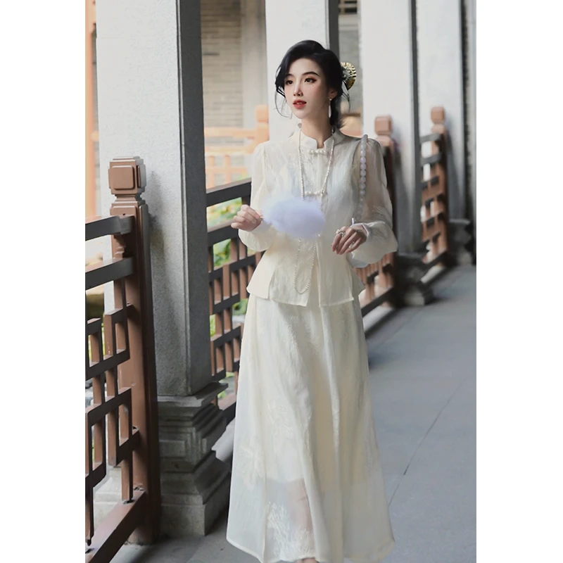 国风长袖盘扣上衣半身裙套装SMLXL