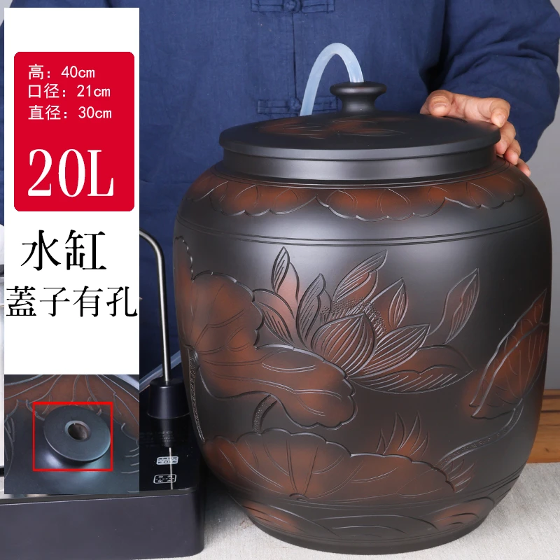 建水紫陶老式陶瓷大水缸家用茶道储水用抽水缸净水桶茶台泡茶20升