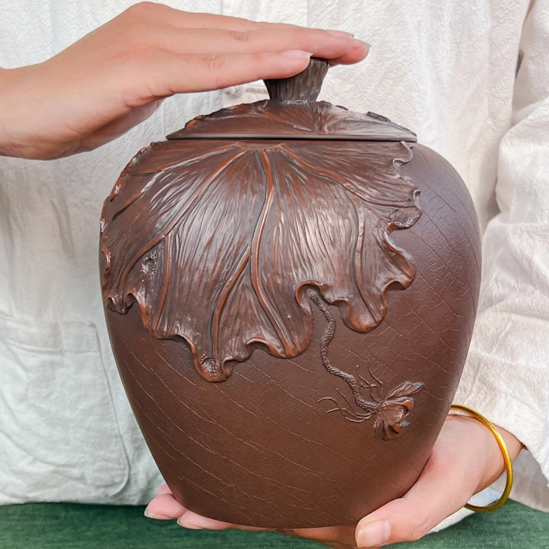 建水紫陶醒茶罐 荷叶莲蓬存茶罐500g纯手工