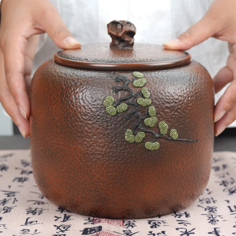 云南建水紫陶茶叶罐锤纹苹果罐 手工普洱茶存茶罐陶瓷密封