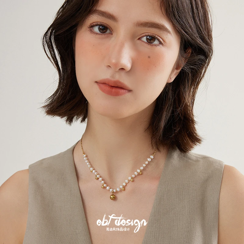 EBFWIND 钛钢项链 【罗马假日】法式复古高级感不规则金色圆珠项链