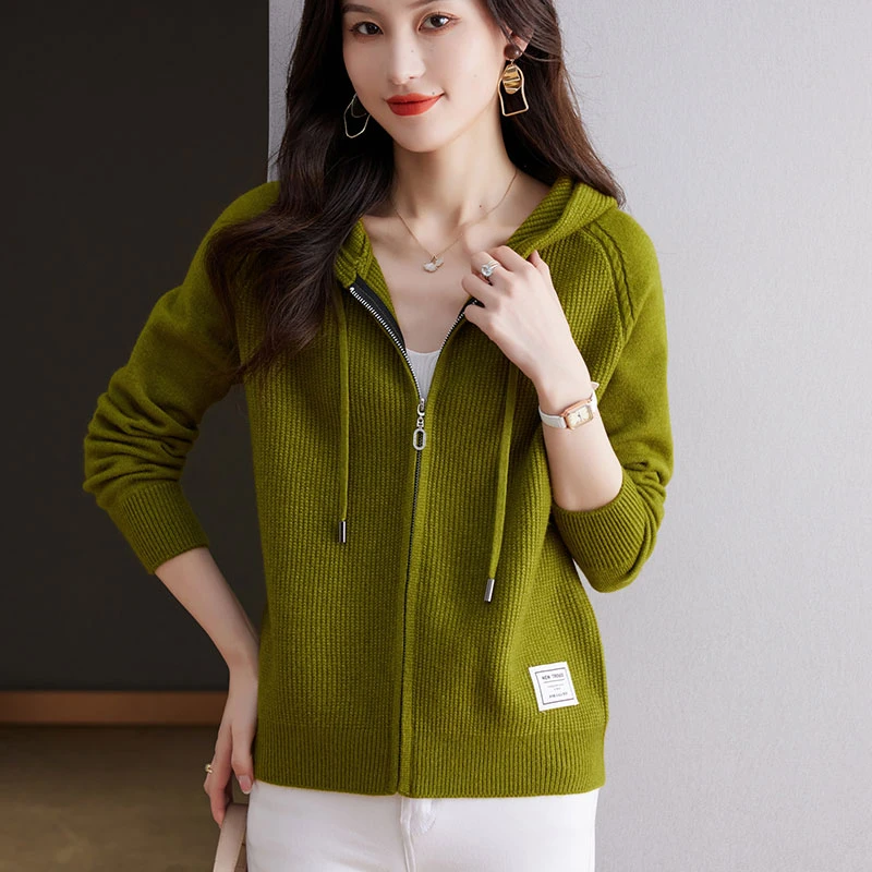 连帽针织衫开衫女春秋季丁达尔穿搭上衣拉链带帽卫衣时尚毛衣外套