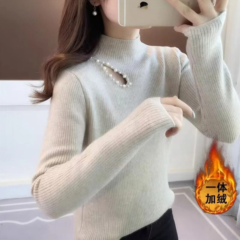 冬装半高领加厚一体绒毛衣女秋冬季新款爆款内搭长袖针织衫打底衫