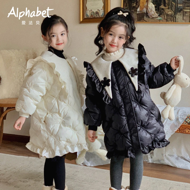 【孤品】2024冬季新品女童加厚羽绒服长款中大儿童装90白鸭绒中长款