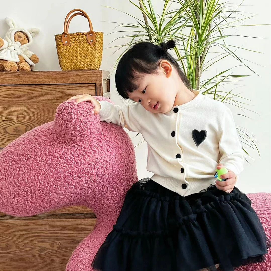 【Golden cherry】女童米色单排扣爱心纱纱洋气百搭针织开衫 QS011