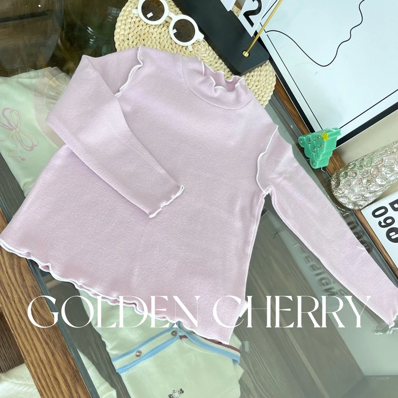 【Golden cherry】女童粉紫色半高领简约百搭洋气打底衫QDD007