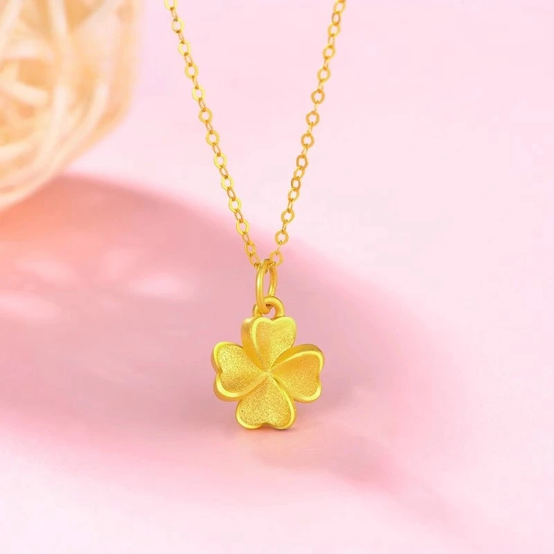 黄金项链女999足金四叶草吊坠24K纯金3D硬金锁骨套链送女友送礼