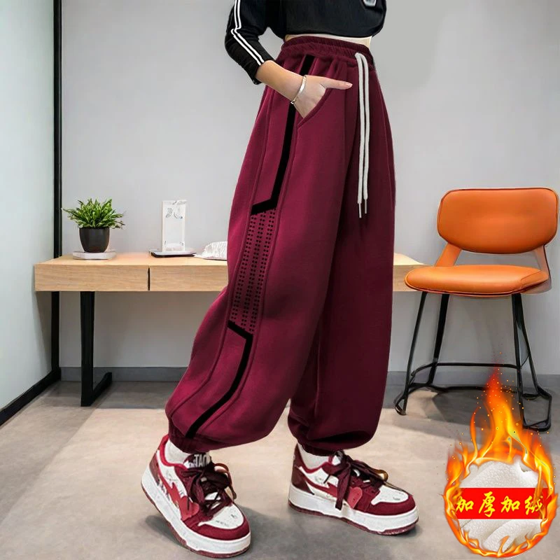 女童加绒裤子2024秋冬装洋气儿童中大童加厚卫裤休闲裤冬款运动裤