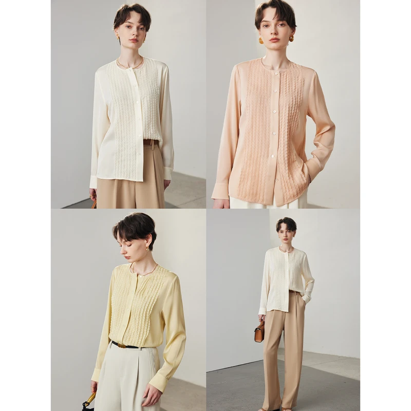 真丝衬衫女春夏新款弹力双乔纯色蕾丝拼接长袖桑蚕丝衬衣ML-409