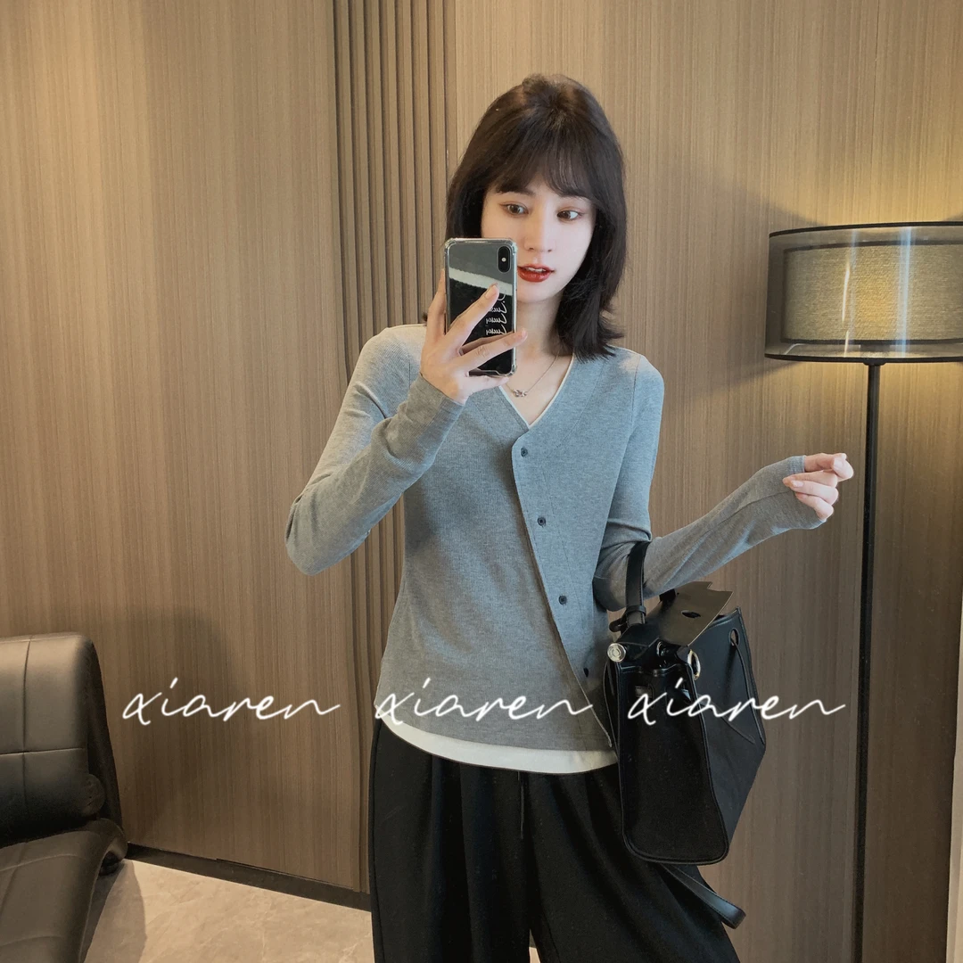 【只出不进】【假两件斜扣T】长袖不规则小众设计感上衣潮牌装