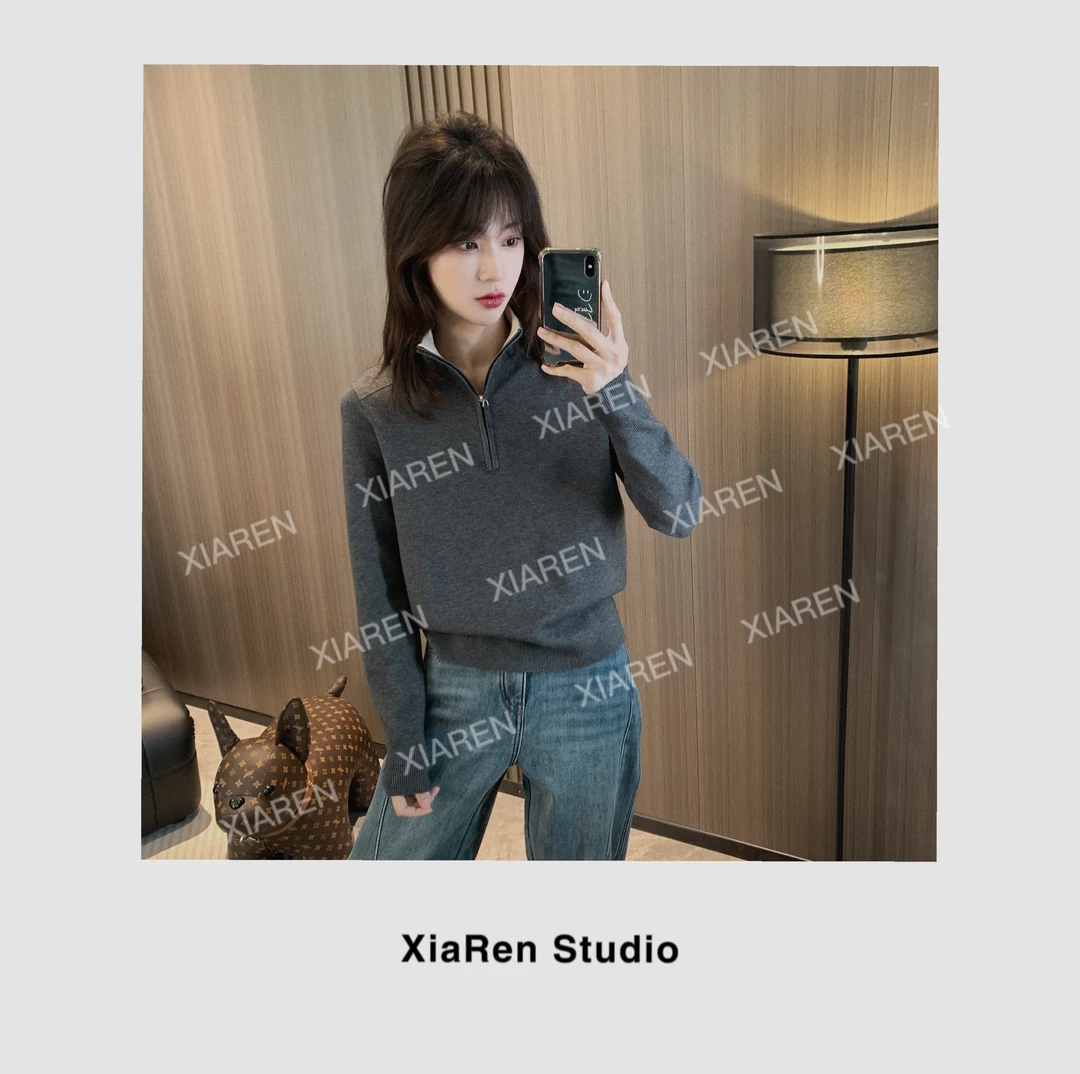 【只出不进】【撞色领拉链针织衫】休闲百搭针织衫显气质内搭设计感