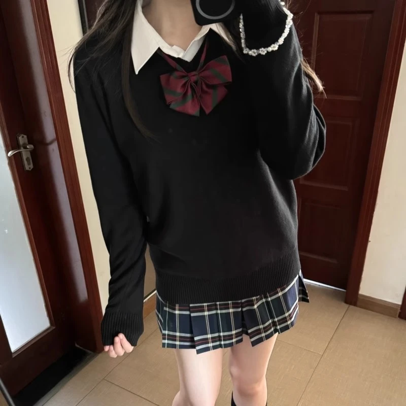 JK制服纯色v领校供感通勤气质套头毛衣长袖学生秋冬上衣女针织衫